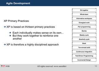 Agile Development XP Primary Practices XP is based on thirteen primary practices Each individually makes sense on its own... But they work together to reinforce one another XP is therefore a highly disciplined approach Sit together Whole team Informative workspace Energized work Pair programming Stories Weekly cycle Quarterly cycle Slack Ten-minute build Continuous integration Test-Driven Programming Incremental Design 