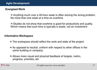 Agile Development Energized Work Anything much over a 40-hour week is often solving the wrong problem. No more than one week at a time on overtime Studies do not show that overtime is good for productivity and quality. Which means that such time is typically a waste, not an investment Informative Workspace The workspace should reflect the work and state of the project As opposed to neutral, uniform with respect to other offices in the same building or company Allows more visual and physical feedback of targets, metric, progress, priorities, etc 