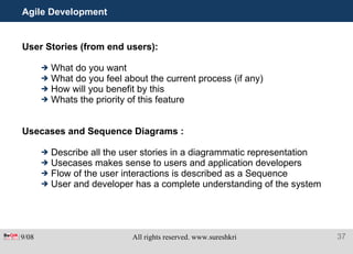 Agile Development User Stories (from end users): What do you want  What do you feel about the current process (if any) How will you benefit by this Whats the priority of this feature Usecases and Sequence Diagrams :   Describe all the user stories in a diagrammatic representation Usecases makes sense to users and application developers Flow of the user interactions is described as a Sequence User and developer has a complete understanding of the system 