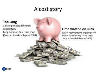 A cost story
Too Long
32% of projects delivered
successfully
Long duration defers revenue
(Source: Standish Report 2009)
Time wasted on Junk
52% of requirements implemented
64% of functionality rarely used
(Source: Standish Report 2003)
 