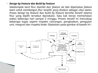  Design by Feature dan Build by Feature
Sekelompok kecil fitur diambil dari feature set dan diperlukan feature
team untuk membangun fitur terpilih yang disebut sebagai class owner.
Proses design by feature dan build by feature bersifat iteratif selama
fitur yang dipilih tersebut diproduksi. Satu kali iterasi memerlukan
waktu beberapa hari sampai 2 minggu. Proses iteratif ini mencakup
beberapa tugas seperti inspeksi rancangan, pengkodean, pengujian
unit, integrasi dan inspeksi kode. Dijelaskan pada gambar di bawah ini :
 