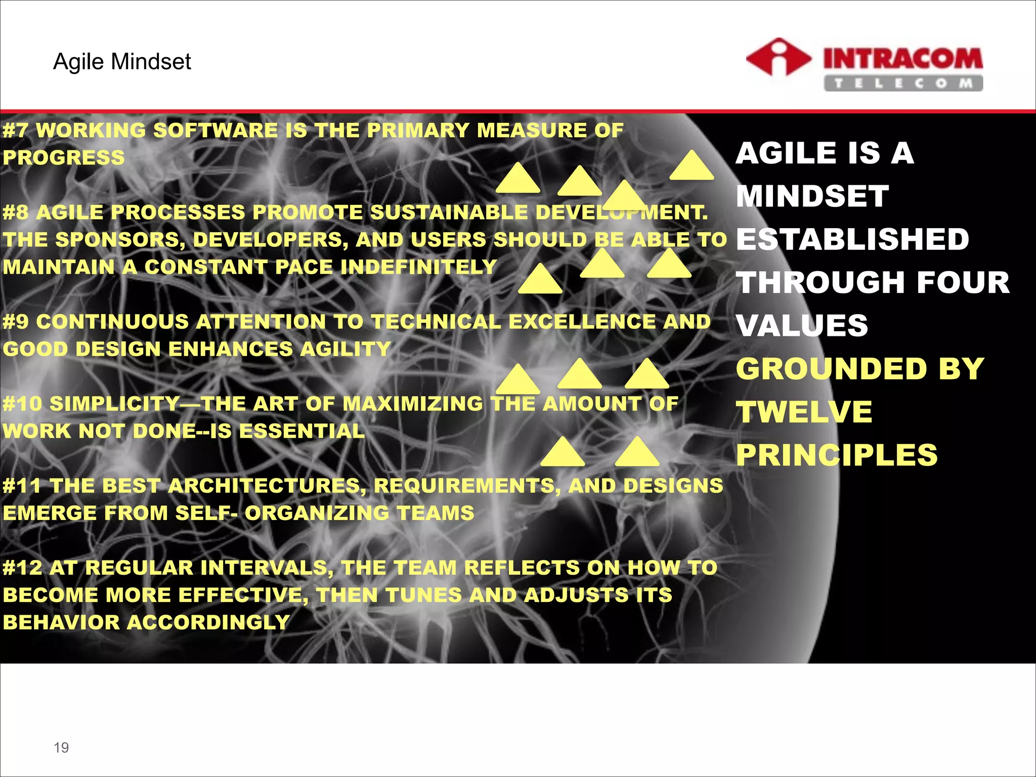 Agile Mindset
19
AGILE IS A
MINDSET
ESTABLISHED
THROUGH FOUR
VALUES
GROUNDED BY
TWELVE
PRINCIPLES
#7 WORKING SOFTWARE IS THE PRIMARY MEASURE OF
PROGRESS
!
#8 AGILE PROCESSES PROMOTE SUSTAINABLE DEVELOPMENT.
THE SPONSORS, DEVELOPERS, AND USERS SHOULD BE ABLE TO
MAINTAIN A CONSTANT PACE INDEFINITELY
!
#9 CONTINUOUS ATTENTION TO TECHNICAL EXCELLENCE AND
GOOD DESIGN ENHANCES AGILITY
!
#10 SIMPLICITY—THE ART OF MAXIMIZING THE AMOUNT OF
WORK NOT DONE--IS ESSENTIAL
!
#11 THE BEST ARCHITECTURES, REQUIREMENTS, AND DESIGNS
EMERGE FROM SELF- ORGANIZING TEAMS
!
#12 AT REGULAR INTERVALS, THE TEAM REFLECTS ON HOW TO
BECOME MORE EFFECTIVE, THEN TUNES AND ADJUSTS ITS
BEHAVIOR ACCORDINGLY
 