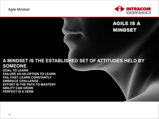 Agile Mindset
16
AGILE IS A
MINDSET
A MINDSET IS THE ESTABLISHED SET OF ATTITUDES HELD BY
SOMEONE
GOAL TO LEARN
FAILURE AS AN OPTION TO LEARN
FAIL FAST, LEARN CONSTANTLY
EMBRACE CHALLENGE
EFFORT IS THE PATH TO MASTERY
ABILITY CAN GROW
PERFECT IS A VERB
 