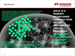 Agile Mindset
20
AGILE IS A
MINDSET
ESTABLISHED
THROUGH FOUR
VALUES
GROUNDED BY
TWELVE
PRINCIPLES
MANIFESTED
THROUGH MANY
DIFFERENT
PRACTICES
RODUCT VISIONING, PROJECT CHARTERING, AFFINITY (RELATIVE) ESTIMATION 
SIZE-BASED (POINT) ESTIMATION, PLANNING POKER, GROUP ESTIMATION 
VALUE-BASED DOCUMENTATION, PRIORITISED PRODUCT BACKLOG 
USER STORIES, PROGRESSIVE ELABORATION 
STORY MAPS / MMF, STORY SLICING, ACCEPTANCE TESTS AS REQUIREMENTS 
SHORT ITERAONS, WIP LIMITS 
EARLY AND FREQUENT RELEASES 
ROADMAPPING VELOCITY-BASED
PLANNING AND COMMITMENT
ITERATION PLANNING / ITERATION BACKLOG RELEASE PLANNING / RELEASE BACKLOG 
TIME BOXED ITERATION 
ADAPTIVE (MULTI-LEVEL) PLANNING, PAIR PROGRAMMING, CONTINUOUS INTEGRATION 
RISK BACKLOG TEAM STRUCTURE, TEST AUTOMATION, VERSION CONTROL 
PULL-BASED SYSTEMS SLACK SUSTAINABLE PACE, BURN UP/BURN DOWN CHARTS
 