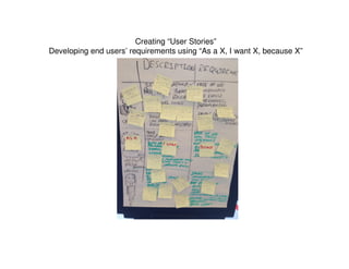 Creating “User Stories”
Developing end users’ requirements using “As a X, I want X, because X”
 