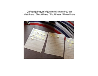 Grouping product requirements into MoSCoW
Must have / Should have / Could have / Would have
 