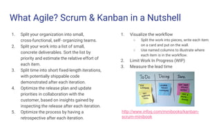 What Agile? Scrum & Kanban in a Nutshell
1. Split your organization into small,
cross-functional, self- organizing teams.
2. Split your work into a list of small,
concrete deliverables. Sort the list by
priority and estimate the relative effort of
each item.
3. Split time into short fixed-length iterations,
with potentially shippable code
demonstrated after each iteration.
4. Optimize the release plan and update
priorities in collaboration with the
customer, based on insights gained by
inspecting the release after each iteration.
5. Optimize the process by having a
retrospective after each iteration.
1. Visualize the workflow
○ Split the work into pieces, write each item
on a card and put on the wall.
○ Use named columns to illustrate where
each item is in the workflow.
2. Limit Work In Progress (WIP)
3. Measure the lead time
http://www.infoq.com/minibooks/kanban-
scrum-minibook
 