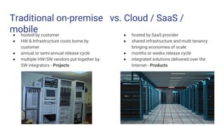 Traditional on-premise vs. Cloud / SaaS /
mobile● hosted by customer
● HW & Infrastructure costs borne by
customer
● annual or semi-annual release cycle
● multiple HW/SW vendors put together by
SW integrators - Projects
● hosted by SaaS provider
● shared infrastructure and multi tenancy
bringing economies of scale
● months or weeks release cycle
● integrated solutions delivered over the
Internet - Products
 