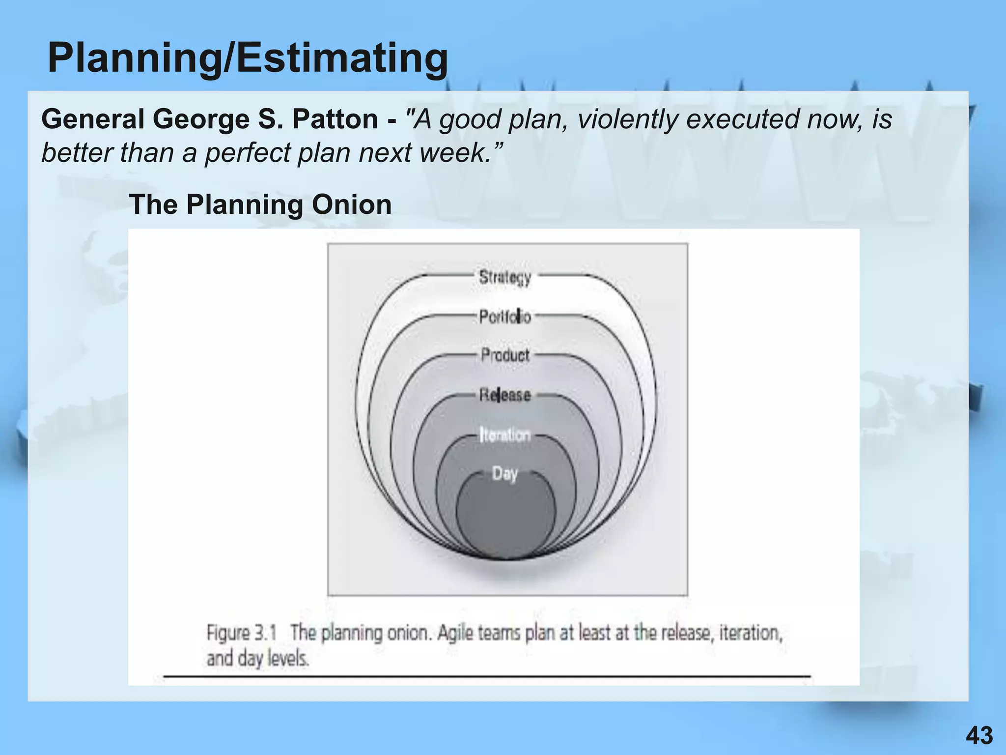 Planning/Estimating
General George S. Patton - "A good plan, violently executed now, is
better than a perfect plan next week.”
      The Planning Onion




                                                                      43
 