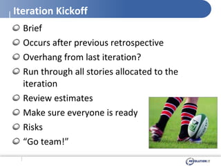 Iteration Kickoff Brief Occurs after previous retrospective Overhang from last iteration? Run through all stories allocated to the iteration  Review estimates Make sure everyone is ready Risks “ Go team!” 