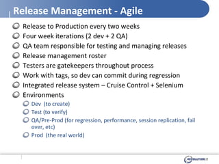 Release Management - Agile Release to Production every two weeks Four week iterations (2 dev + 2 QA) QA team responsible for testing and managing releases Release management roster Testers are gatekeepers throughout process Work with tags, so dev can commit during regression Integrated release system – Cruise Control + Selenium Environments Dev  (to create) Test (to verify) QA/Pre-Prod (for regression, performance, session replication, fail over, etc)  Prod  (the real world) 