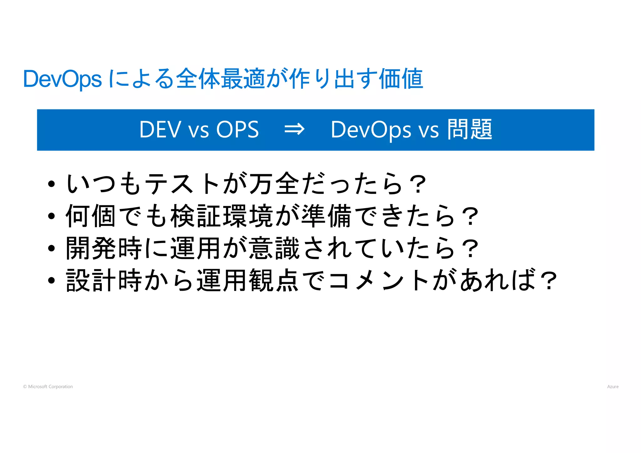 © Microsoft Corporation
DevOps による全体最適が作り出す価値
DEV vs OPS ⇒ DevOps vs 問題
 