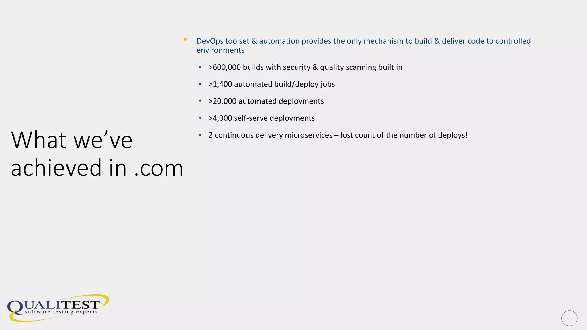 What we’ve
achieved in .com
• DevOps toolset & automation provides the only mechanism to build & deliver code to controlled
environments
• >600,000 builds with security & quality scanning built in
• >1,400 automated build/deploy jobs
• >20,000 automated deployments
• >4,000 self-serve deployments
• 2 continuous delivery microservices – lost count of the number of deploys!
 