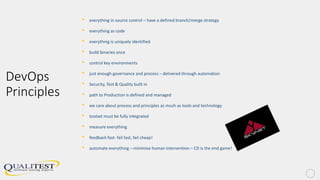 DevOps
Principles
• everything in source control – have a defined branch/merge strategy
• everything as code
• everything is uniquely identified
• build binaries once
• control key environments
• just enough governance and process – delivered through automation
• Security, Test & Quality built in
• path to Production is defined and managed
• we care about process and principles as much as tools and technology
• toolset must be fully integrated
• measure everything
• feedback fast- fail fast, fail cheap!
• automate everything – minimise human intervention – CD is the end game!
 
