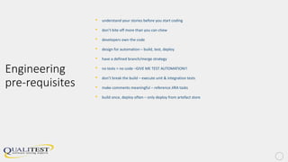 Engineering
pre-requisites
• understand your stories before you start coding
• don’t bite off more than you can chew
• developers own the code
• design for automation – build, test, deploy
• have a defined branch/merge strategy
• no tests = no code –GIVE ME TEST AUTOMATION!!
• don’t break the build – execute unit & integration tests
• make comments meaningful – reference JIRA tasks
• build once, deploy often – only deploy from artefact store
 