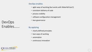 DevOps
Enables……
DevOps enables
• agile ways of working (but works with Waterfall too!!)
• consistent delivery of code
• process visibility
• software configuration management
• lean governance
By applying
• clearly defined principles
• lean ways of working
• automation
• continuous innovation
 