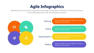 Agile Infographics
Marketing is the study and management of exchange relationships. Marketing is the business process
of creating relationships with and satisfying customers.
Planning
There are people who have a significant number of
followers in every business.
Testing
There are people who have a significant number of
followers in every business.
Implementation
There are people who have a significant number of
followers in every business.
Analysis
There are people who have a significant number of
followers in every business.
 
