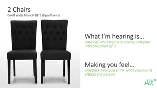 What I’m hearing is…
notes of what they are saying and your
interpretation of it
Making you feel…
playback how you think what you heard
effects the person
2 Chairs
Geoff Watts Munich 2016 @geoffcwatts
 