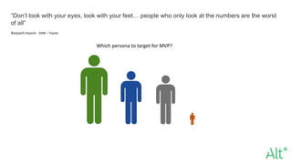 “Don’t look with your eyes, look with your feet… people who only look at the numbers are the worst
of all”
Nanpachi Hayashi - 2008 – Toyota
Which persona to target for MVP?
 