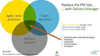 Replace the PM role…
… with Delivery Manager
Agile / lean practices (tangible stuff)
Team dynamics (softer stuff)
Delivery support (other stuff)
@ewebber
• Coaching (team and external people)
• Diplomacy
• Leadership
• Communication
• Facilitation.
http://emilywebber.co.uk/what-is-an-agile-delivery-manager/
 