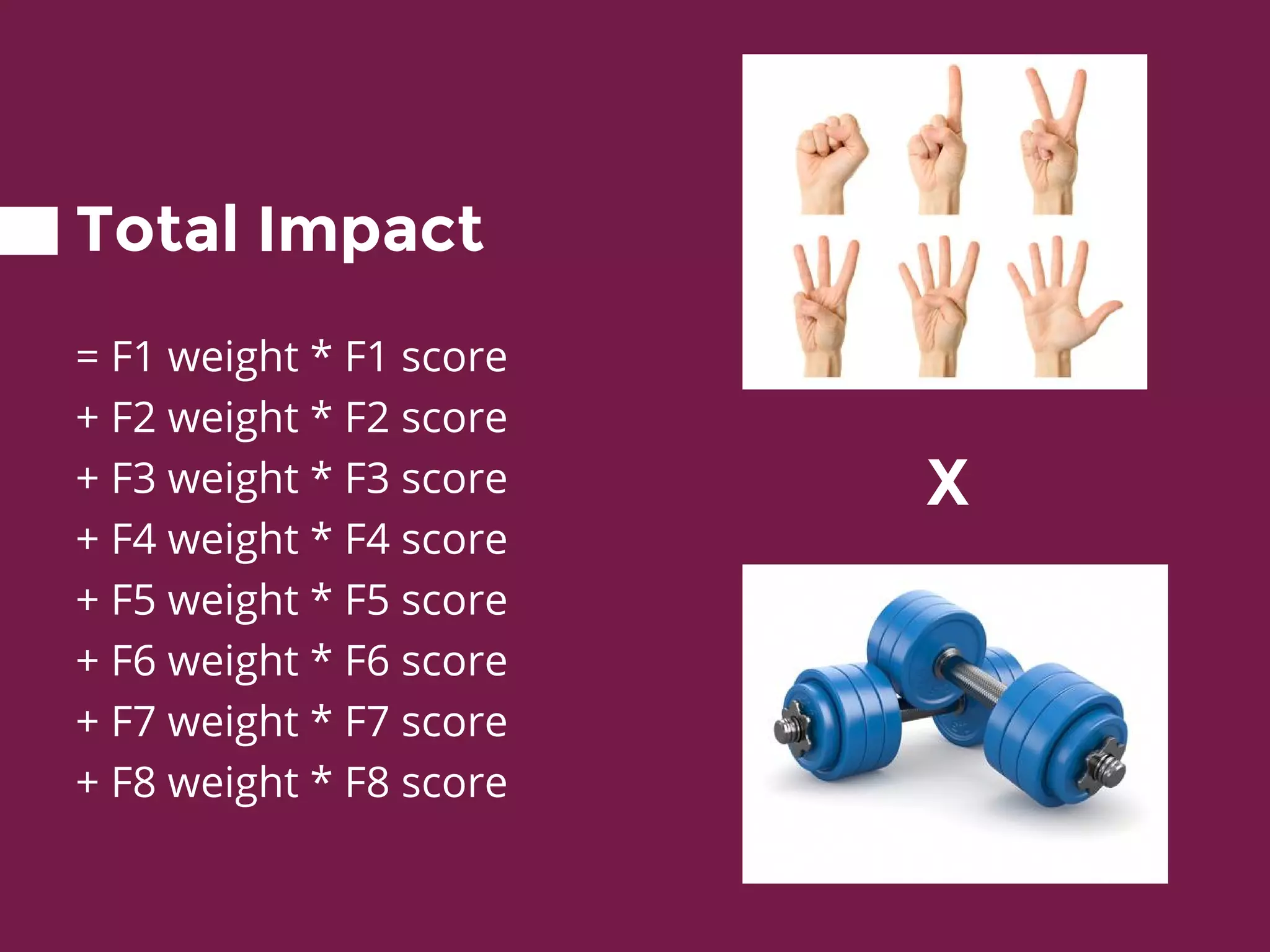 Total Impact
= F1 weight * F1 score
+ F2 weight * F2 score
+ F3 weight * F3 score
+ F4 weight * F4 score
+ F5 weight * F5 score
+ F6 weight * F6 score
+ F7 weight * F7 score
+ F8 weight * F8 score
X
 