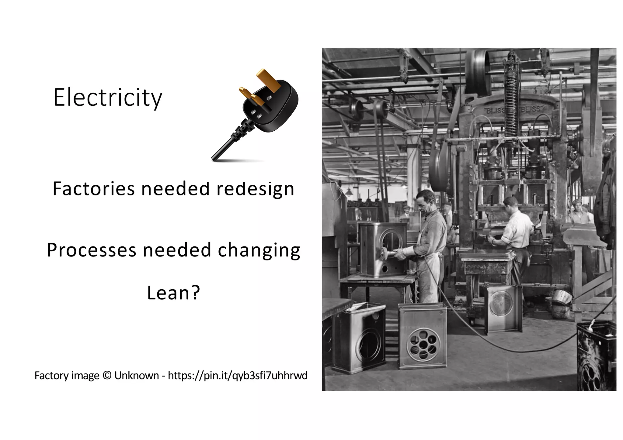 Electricity
Factories needed redesign
Processes needed changing
Lean?
Factory image © Unknown - https://pin.it/qyb3sfi7uhhrwd
 