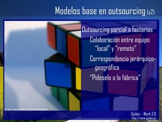 Modelos base en outsourcing  (y2) Gailen – Work 2.0 http://www.gailen.es © http://www.flickr.com/photos/toniblay/ Outsourcing parcial a factorías Colaboración entre equipo “local” y “remoto” Correspondencia jerárquico-geográfica “ Pídeselo a la fábrica” 