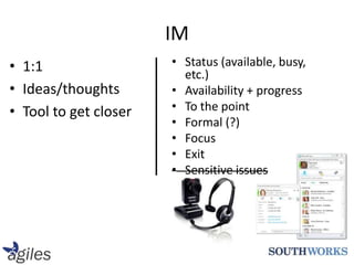 IM1:1Ideas/thoughtsTool to get closerStatus (available, busy, etc.)Availability + progressTo the pointFormal (?)FocusExitSensitive issues