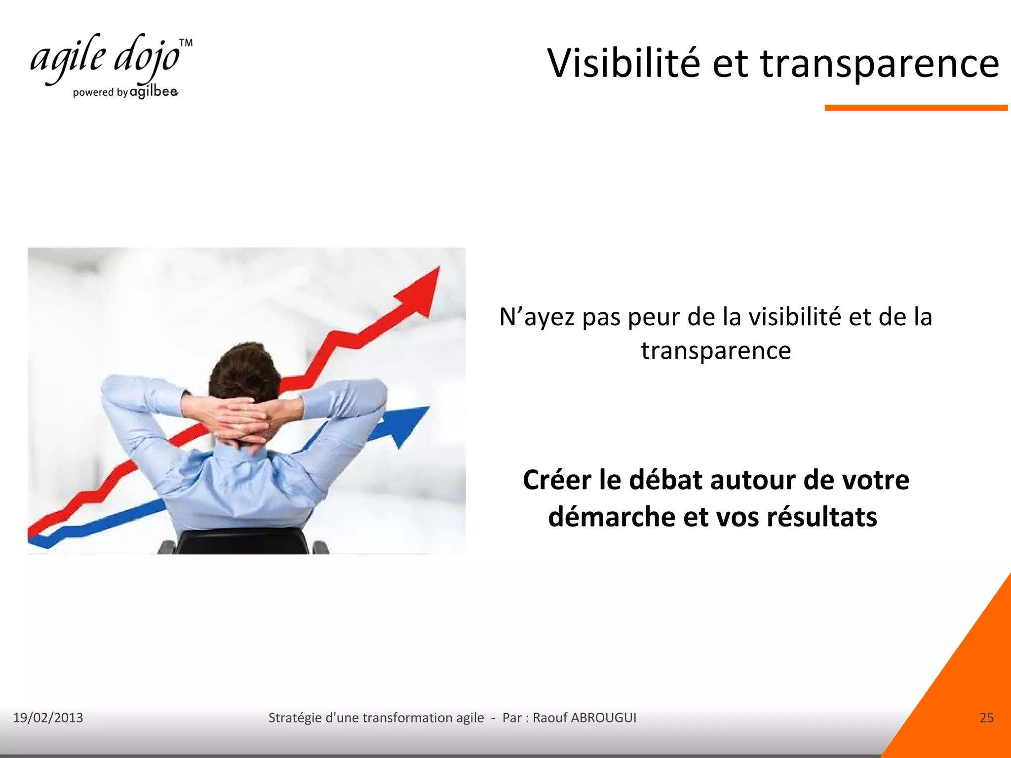 Visibilité et transparence




                                                 N’ayez pas peur de la visibilité et de la
                                                             transparence



                                                     Créer le débat autour de votre
                                                       démarche et vos résultats




19/02/2013   Stratégie d'une transformation agile - Par : Raouf ABROUGUI                     25
 