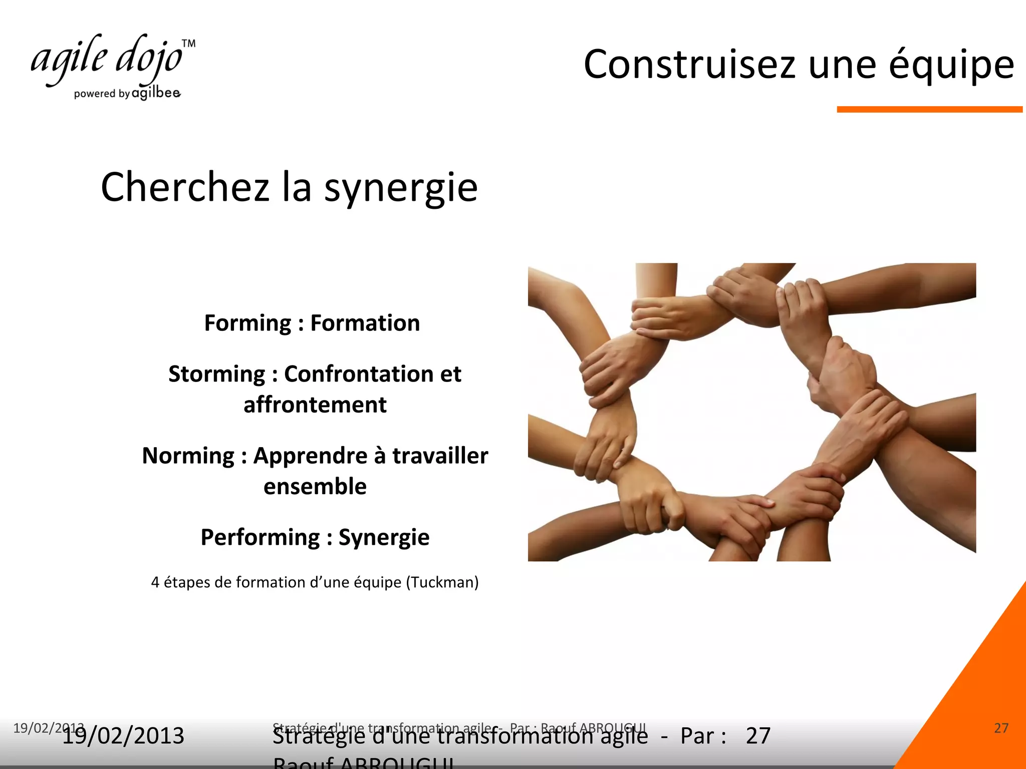 Construisez une équipe

             Cherchez la synergie

                      Forming : Formation
                 Storming : Confrontation et
                       affrontement
               Norming : Apprendre à travailler
                          ensemble
                     Performing : Synergie
               4 étapes de formation d’une équipe (Tuckman)




19/02/2013                     Stratégie d'une transformation agile - Par : Raouf ABROUGUI          27
      19/02/2013               Stratégie d'une transformation agile - Par : 27
 