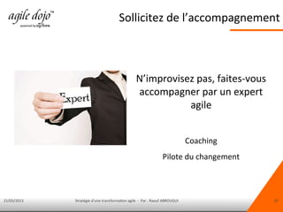15/03/2013 Stratégie d'une transformation agile - Par : Raouf ABROUGUI 22
N’improvisez pas, faites-vous
accompagner par un expert
agile
Coaching
Pilote du changement
Sollicitez de l’accompagnement
 