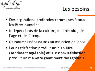 Les besoins
• Des aspirations profondes communes à tous
les êtres humains
• Indépendants de la culture, de l’histoire, de
l’âge et de l’époque
• Ressources nécessaires au maintien de la vie
• Leur satisfaction produit un bien être
(sentiment agréable) et leur non-satisfaction
produit un mal-être (sentiment désagréable)
11Fleur Nathalie Yassinguézo – Arnaud Lamouller-Bonaventure 11/12/2013
 