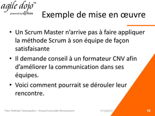 Exemple de mise en œuvre
• Un Scrum Master n’arrive pas à faire appliquer
la méthode Scrum à son équipe de façon
satisfaisante
• Il demande conseil à un formateur CNV afin
d’améliorer la communication dans ses
équipes.
• Voici comment pourrait se dérouler leur
rencontre.
11/12/2013 19Fleur Nathalie Yassinguézo – Arnaud Lamouller-Bonaventure
 