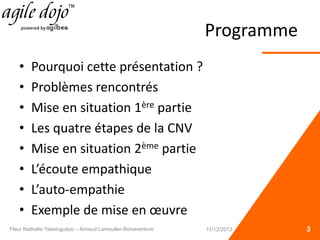 Programme
• Pourquoi cette présentation ?
• Problèmes rencontrés
• Mise en situation 1ère partie
• Les quatre étapes de la CNV
• Mise en situation 2ème partie
• L’écoute empathique
• L’auto-empathie
• Exemple de mise en œuvre
3Fleur Nathalie Yassinguézo – Arnaud Lamouller-Bonaventure 11/12/2013
 