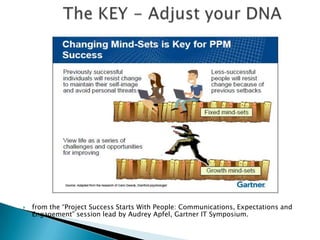 The KEY - Adjust your DNAfrom the “Project Success Starts With People: Communications, Expectations and Engagement” session lead by Audrey Apfel, Gartner IT Symposium.17.03.20107