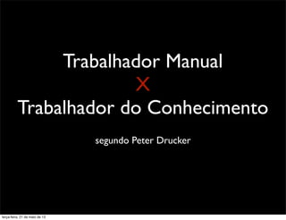 Trabalhador Manual
X
Trabalhador do Conhecimento
segundo Peter Drucker
terça-feira, 21 de maio de 13
 