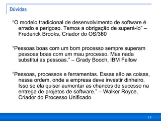 Dúvidas “ O modelo tradicional de desenvolvimento de software é errado e perigoso. Temos a obrigação de superá-lo” – Frederick Brooks, Criador do OS/360 “ Pessoas boas com um bom processo sempre superam pessoas boas com um mau processo. Mas nada substitui as pessoas.” – Grady Booch, IBM Fellow “ Pessoas, processos e ferramentas. Essas são as coisas, nessa ordem, onde a empresa deve investir dinheiro. Isso se ela quiser aumentar as chances de sucesso na entrega de projetos de software.” – Walker Royce, Criador do Processo Unificado  