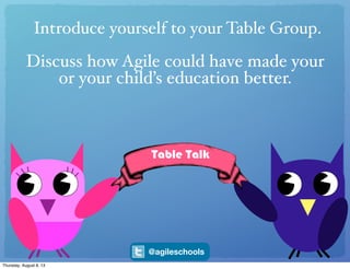 Table Talk
Introduce yourself to your Table Group.
Discuss how Agile could have made your
or your child’s education better.
@agileschools
Thursday, August 8, 13
 