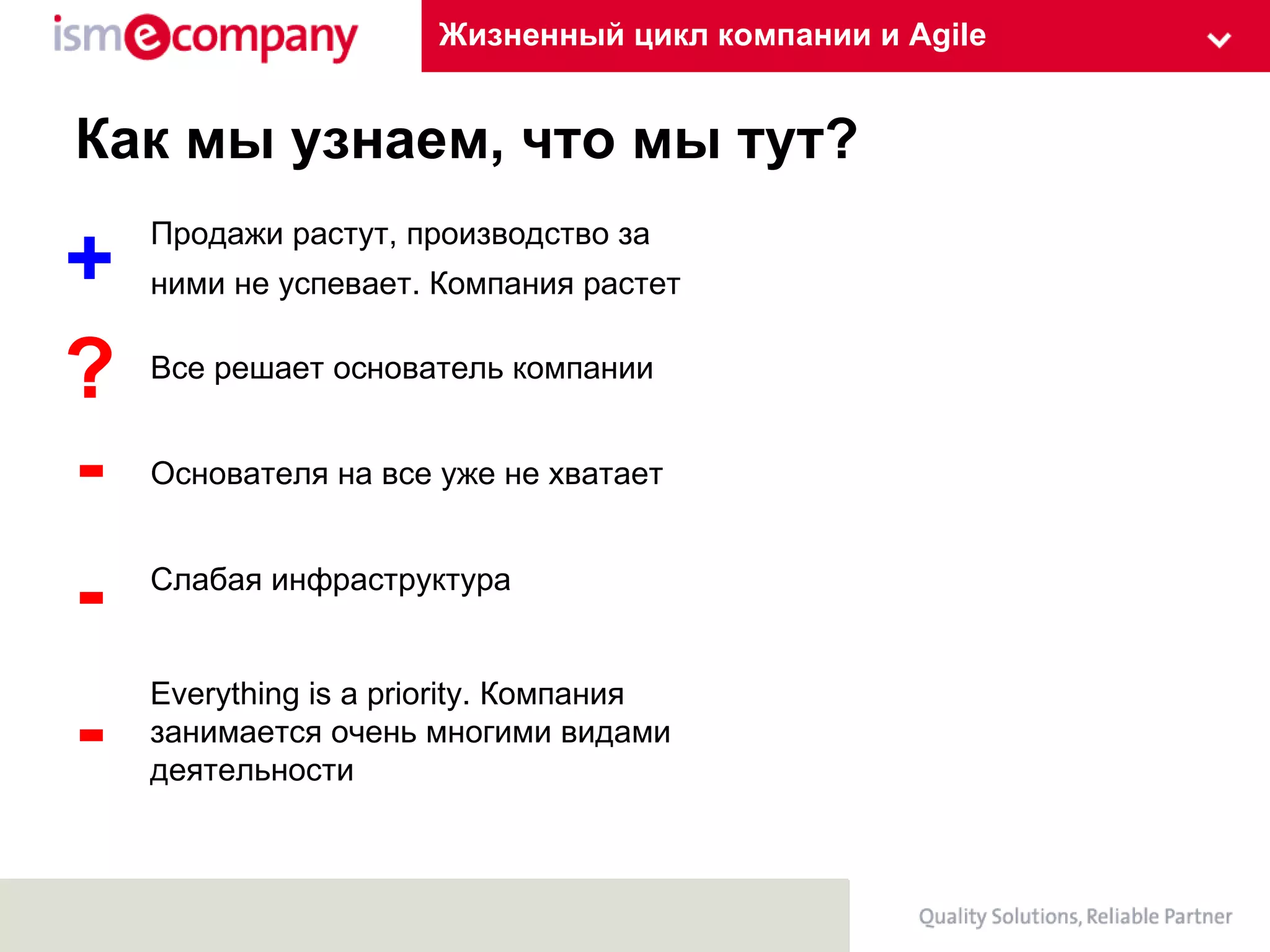 Жизненный цикл компании и Agile Как мы узнаем, что мы тут? Продажи растут, производство за  ними не успевает. Компания растет Все решает основатель компании Основателя на все уже не хватает Слабая инфраструктура Everything is a priorit y .  Компания занимается очень многими видами деятельности + ? - - - 