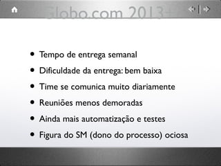 Globo.com 2013+
• Tempo de entrega semanal
• Dificuldade da entrega: bem baixa
• Time se comunica muito diariamente
• Reuniões menos demoradas
• Ainda mais automatização e testes
• Figura do SM (dono do processo) ociosa

 