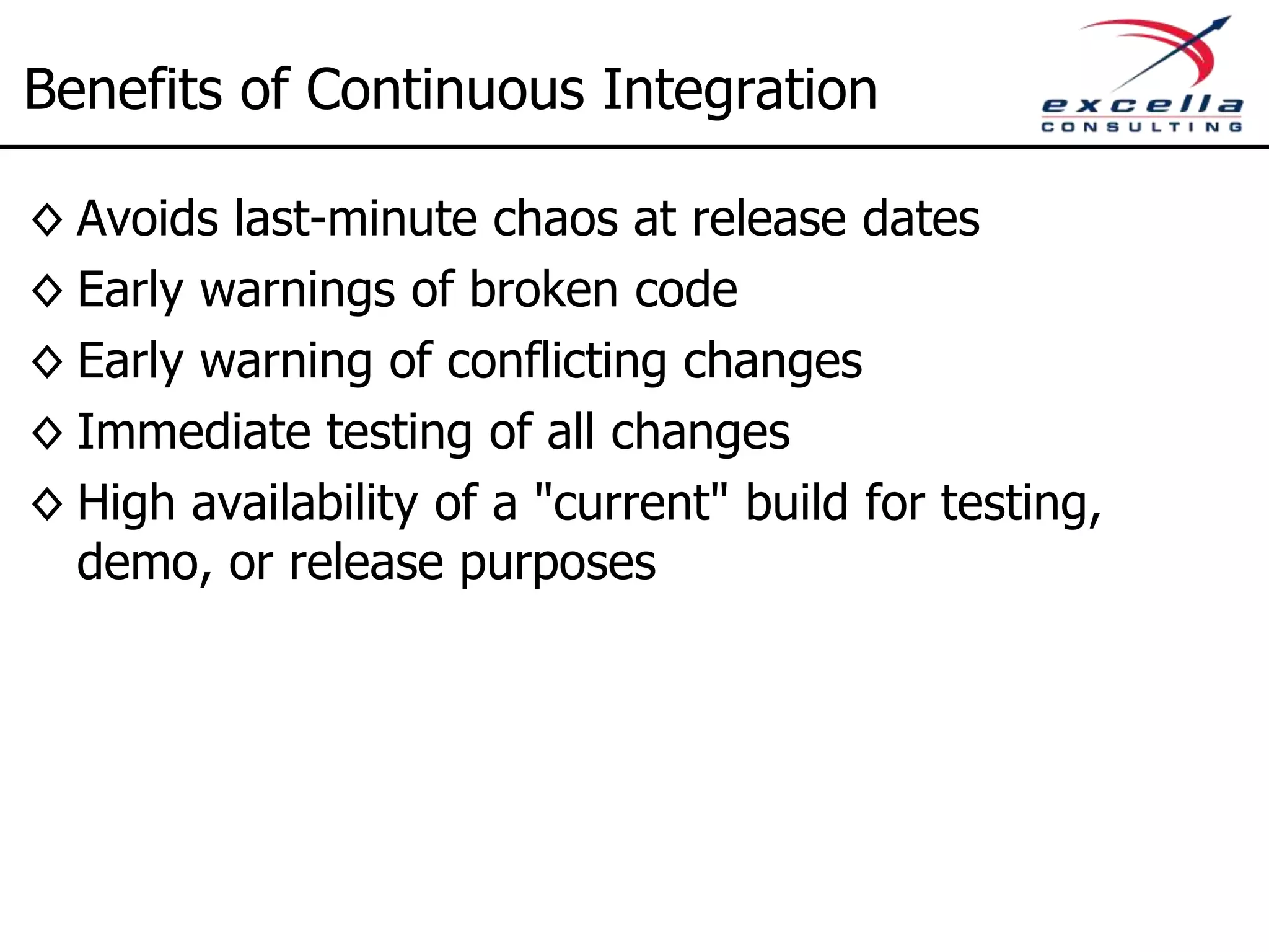 CI Effect on Schedule Code Phase QA Phase Code Phase QA Phase Code Phase Code Phase Code + Test Phase Code + Test Phase Schedule Release 1 Release 2 Original Plan Reality With CI 