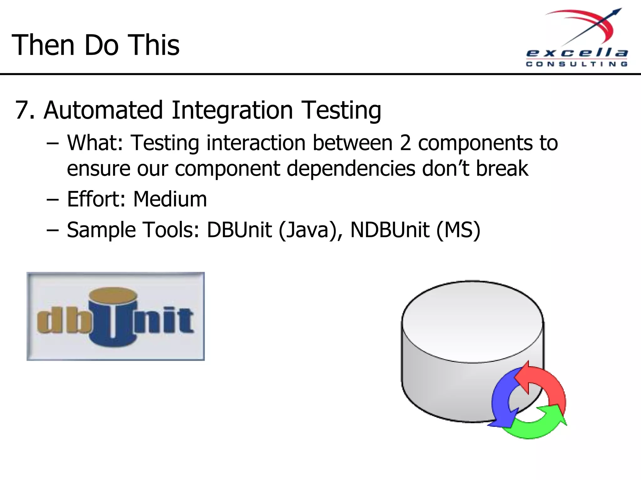 Don’t Do It All At Once Do This First 1. Version Control 2. Build Automation 3. Automated Unit Testing 4. Continuous Integration Next Do This 5. Static Code Analysis 6. Dependency Management Then Do This 7. Automated Integration Testing 8. Automated Acceptance Testing 9. Deployment Automation 
