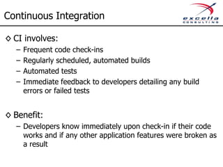 Continuous Integration
Build #1
compile
unit test
integration test
package
deploy/run
acceptance test
analyze code
Build
Report
Version
Control
change
#1
change
#2
Build
Server
Build #2
compile
unit test
integration test
package
deploy/run
acceptance test
analyze code
Build
ReportEmail
Failed Build
 