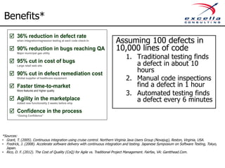 Benefits* 
Assuming 100 defects in 
10,000 lines of code 
1. Traditional testing finds 
a defect in about 10 
hours 
2. Manual code inspections 
find a defect in 1 hour 
3. Automated testing finds 
a defect every 6 minutes 
þ 36% reduction in defect rate 
when integration/regression testing at each code check-in 
þ 90% reduction in bugs reaching QA 
Major municipal gas utility 
þ 
þ 
þ 
þ 
þ 
95% cut in cost of bugs 
Large retail web site 
90% cut in defect remediation cost 
Global supplier of healthcare equipment 
Faster time-to-market 
More features and higher quality 
Agility in the marketplace 
Added new functionality 2 weeks before ship 
Confidence in the process 
“Oozing Confidence” 
*Sources: 
• Grant, T. (2005). Continuous integration using cruise control. Northern Virginia Java Users Group (Novajug), Reston, Virginia, USA. 
• Fredrick, J. (2008). Accelerate software delivery with continuous integration and testing. Japanese Symposium on Software Testing, Tokyo, 
Japan. 
• Rico, D. F. (2012). The Cost of Quality (CoQ) for Agile vs. Traditional Project Management. Fairfax, VA: Gantthead.Com. 
 