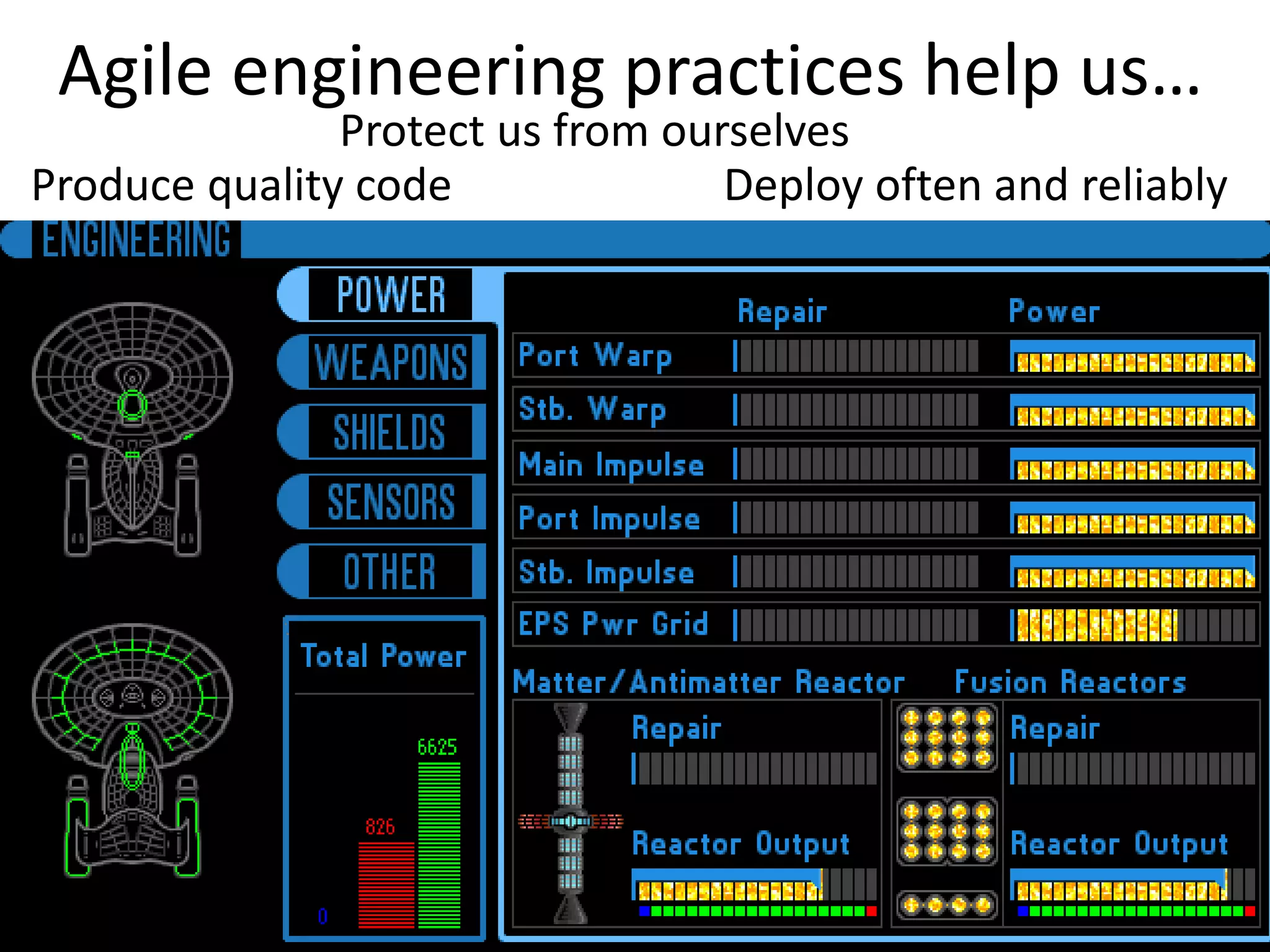 Agile engineering practices help us… Protect us from ourselves Produce quality code Deploy often and reliably 