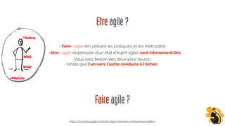 Etreagile?
«faire» agile (en utilisant les pratiques et les méthodes)
et «être» agile (expression d'un état d'esprit agile) sont intimement liés.
Vous avez besoin des deux pour réussir,
tandis que l'un sans l'autre conduira à l’échec.
https://businessagility.institute/learn/domains-of-business-agility/
Faireagile?
 