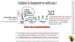 Expliquerlechangementnesuffirapas!
3ApproachestoCultureChange:WhatWorks|JesseLynStoner
https://seapointcenter.com/3-approaches-to-culture-change/
« rationalité limitée des acteurs »
recherche de la première solution
satisfaisante, ici et maintenant
Herbert Simon - « prix Nobel »
d'économie en 1978
« rationalité unique »
des dirigeants
il n’y a que cette solution !
« Les règles les plus minutieuses sont généralement détournées
par des personnels intelligents, qui n'ont pas « mauvais esprit »
mais défendent leur intérêt personnel à court terme »
Echec des transformations
https://www.linkedin.com/pulse/comment-se-fabrique-la-culture-dune-entreprise-alain-trinckvel/
 