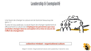 Leadership&Exemplarité
Edgar H. Schein, Organizational Culture and Leadership: A dynamic view. 
Une façon de changer la culture est de licencier beaucoup de
gens. (…)
Si cela ne vous plaît pas, la seule façon de changer rapidement et
eﬃcacement la culture est d'impliquer les personnes que vous
souhaitez changer dans la conception et la mise en œuvre de
l'eﬀort de changement.
collective mindset = organizational culture.
 