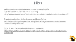 Articles
Mettre sa culture organisationnelle à nue – Le « Making of »
POSTED BY ERIC LARAMÉE ON 12 NOV 2015
http://agilepartnership.com/mettre-a-nue-sa-culture-organisationelle-le-making-of/
Organisational culture deﬁned, courtesy of Edgar Schein
http://www.sidewaysthoughts.com/blog/2010/11/organisational-culture-deﬁned-
courtesy-of-edgar-schein/
Edgar Schein : Organizational Culture and Leadership
https://thehypertextual.com/2013/01/17/edgar-schein-organizational-culture-and-
leadership/
 