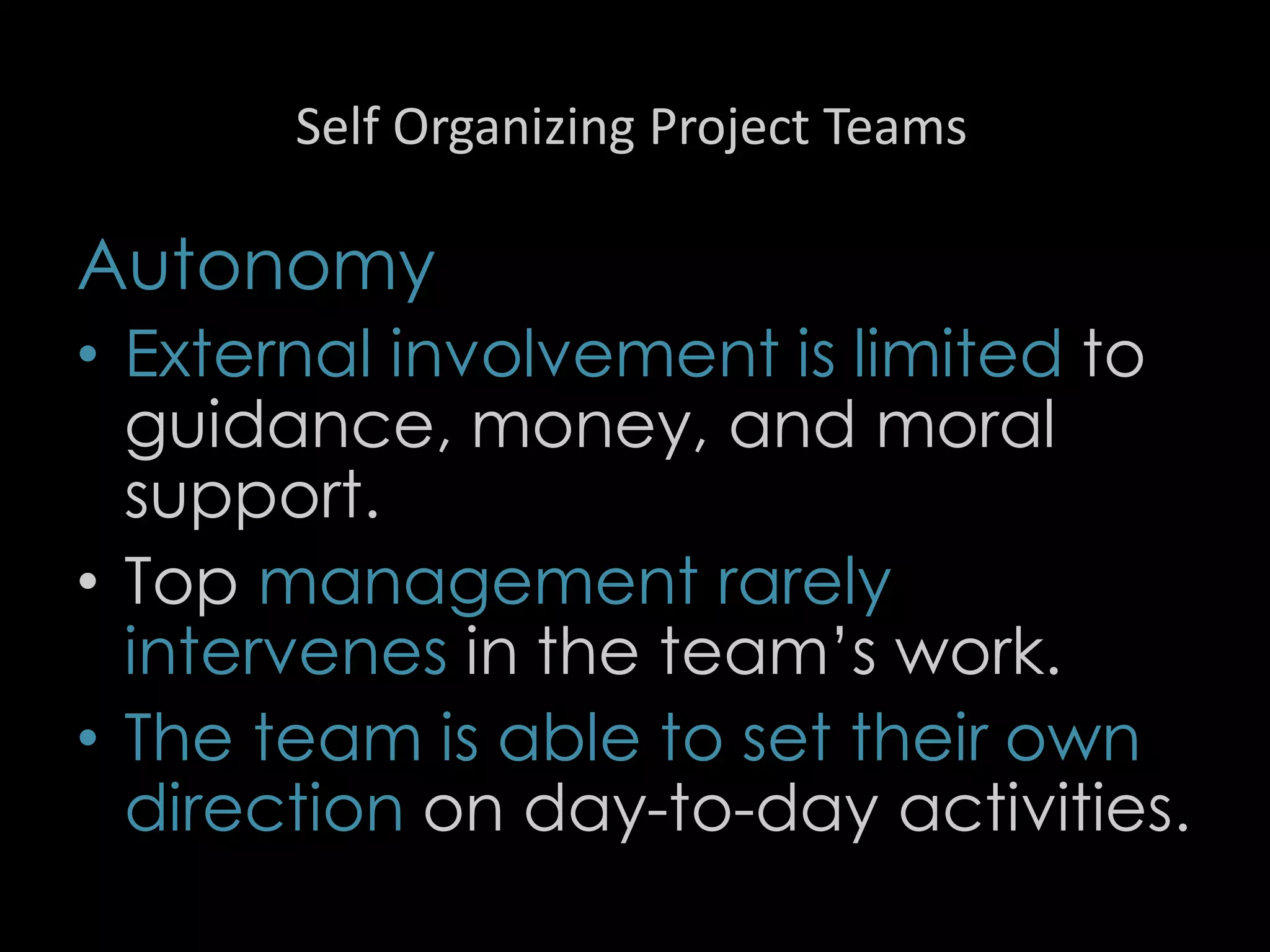 Self Organizing Project Teams
Autonomy
• External involvement is limited to
guidance, money, and moral
support.
• Top management rarely
intervenes in the team’s work.
• The team is able to set their own
direction on day-to-day activities.
52
 